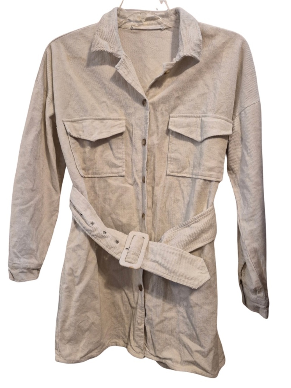 12th Tribe x SaltyBlonde Ivory Cotton Corduroy Long-Sleeve Belted Shirt Dress - Picture 3 of 9